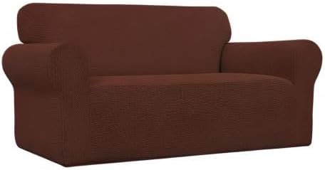 Easy-Going Stretch Loveseat Slipcover 1-Piece Sofa Cover Furniture Protector Couch Soft with Elastic Bottom for Kids Polyester Spandex Jacquard Fabric Small Checks (Loveseat, Coffee)
