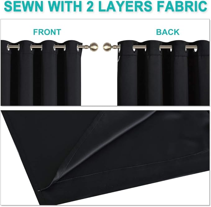 NICETOWN 100% Blackout Curtains with Black Liners, Thermal Insulated Full Blackout 2-Layer Lined Drapes, Energy Efficiency Window Draperies for Bedroom (Black, 2 Panels, 55-inch W by 68-inch L)