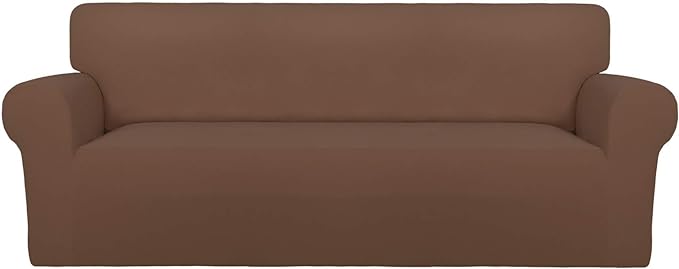 PureFit Super Stretch Sofa Slipcover – Spandex Non Slip Soft Couch Sofa Cover, Washable Furniture Protector with Non Skid Foam and Elastic Bottom for Kids, Pets （Sofa, Brown）