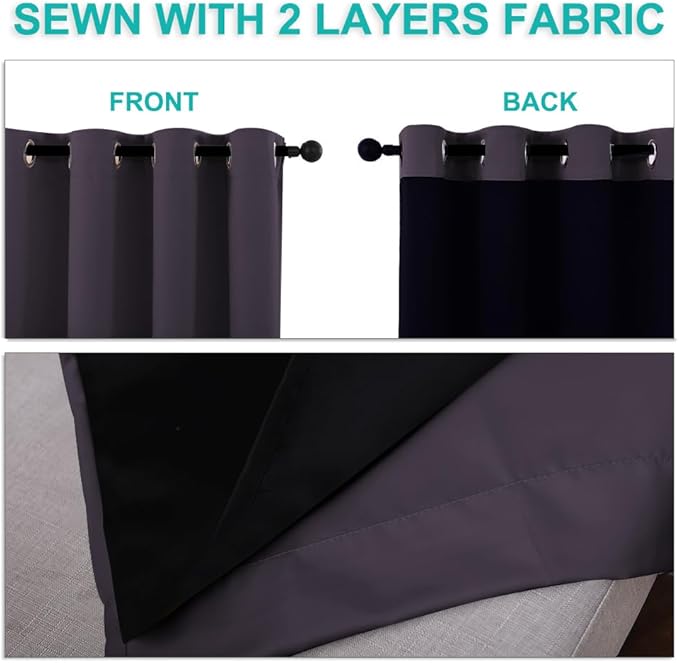 NICETOWN 100% Blackout Window Curtain Panels, Greyish Purple, 2 Pieces, 52" Wide Per Panel, Full Light Blocking Drapes with Black Liner for Nursery, 72" Drop Thermal Insulated Draperies