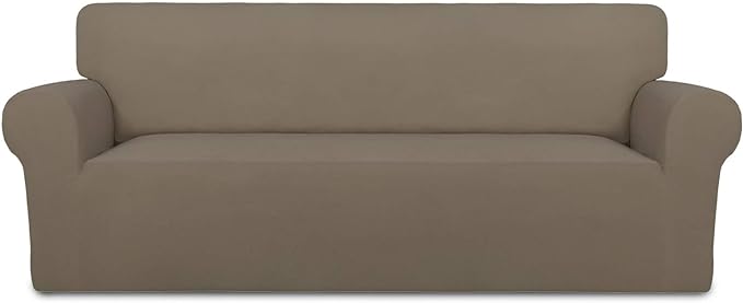 PureFit Super Stretch Sofa Slipcover – Spandex Non Slip Soft Couch Sofa Cover, Washable Furniture Protector with Non Skid Foam and Elastic Bottom for Kids, Pets （Oversized Sofa, Natural）