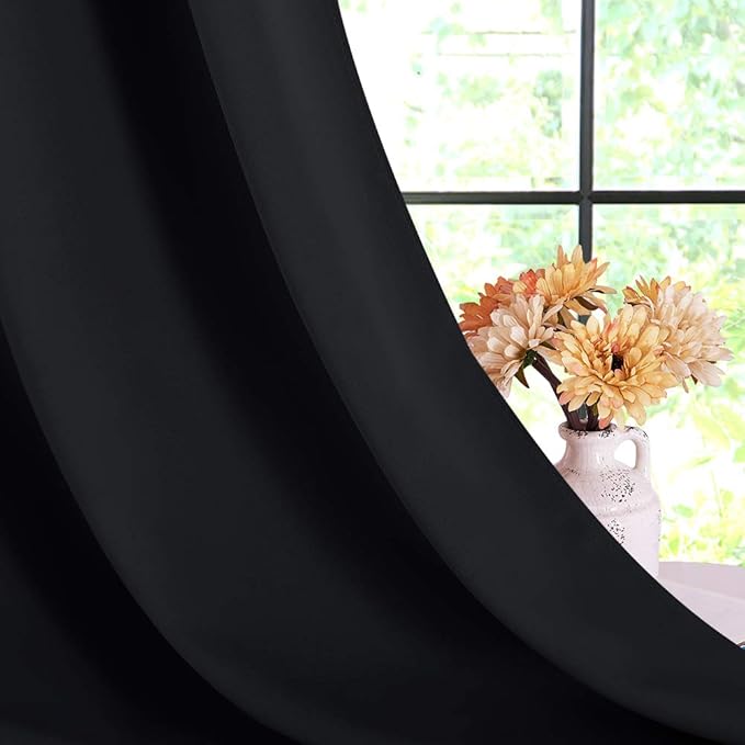 NICETOWN Blackout Bedroom Curtains for Windows 40 inch Long, Black, 2 Panels, 34 in Wide, Solid Thermal Insulated Grommet Light Reducing Black Panels Window Treatment for Kitchen/Cafe