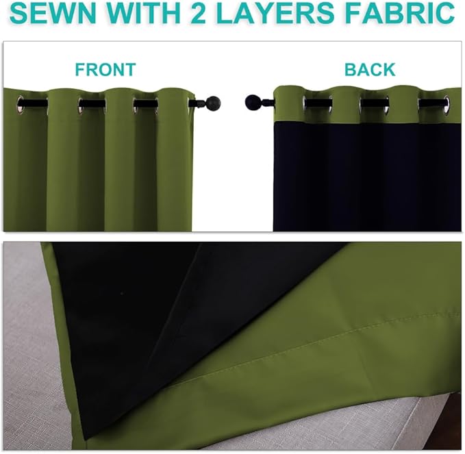 NICETOWN 100% Blackout Window Curtain Panels, Olive Green, 2 Pieces, 52-inch Wide Per Panel, Full Light Blocking Drapes with Black Liner for Nursery, 72-inch Drop Thermal Insulated Draperies