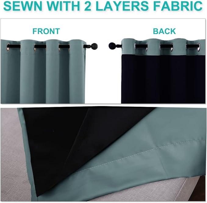 NICETOWN 100% Blackout Short Curtains with Black Liners, 2 Panels, 37" W by 60" L, Greyish Blue, Solid Thermal Insulated Full Blackout 2-Layer Lined Drapes, Energy Efficiency Window Drapes for Bedroom