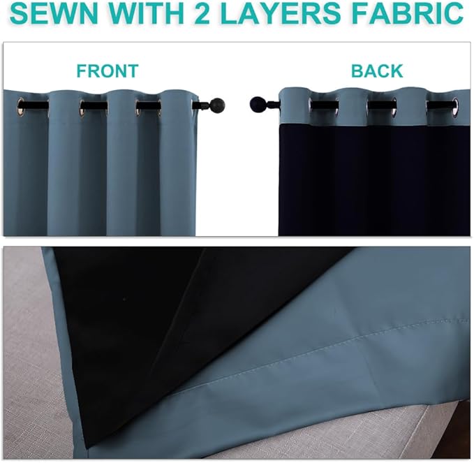 NICETOWN 100% Blackout Window Curtain Panels, Smoky Blue, 2 Pieces, 70-inch Wide Per Panel, Full Light Blocking Drapes with Black Liner for Nursery, 72-inch Drop Thermal Insulated Draperies