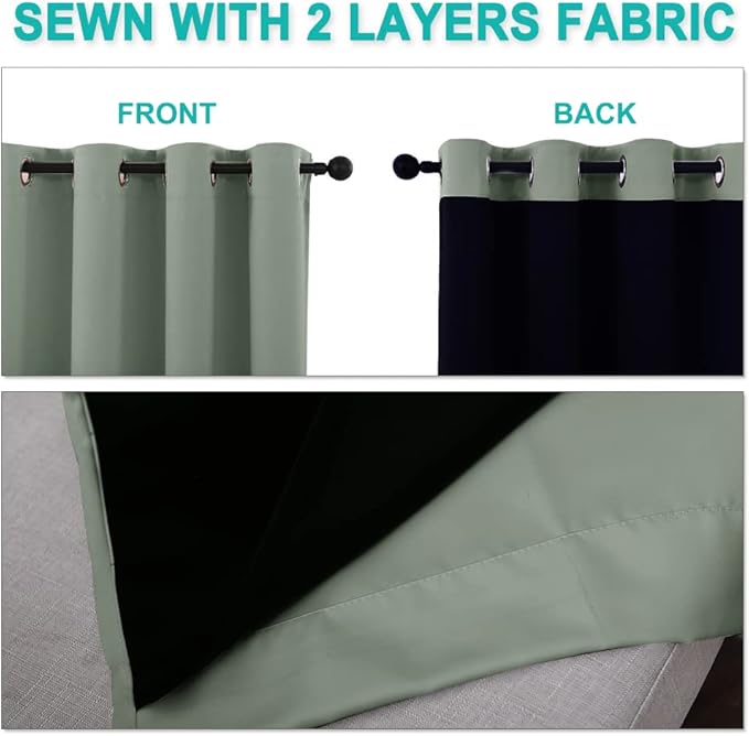 NICETOWN 100% Blackout Window Curtain Panels, Heat and Full Light Blocking Drapes with Black Liner for Nursery, 70" Drop Thermal Insulated Draperies (Greyish Green, 2 Pieces, 37" Wide Each Panel)