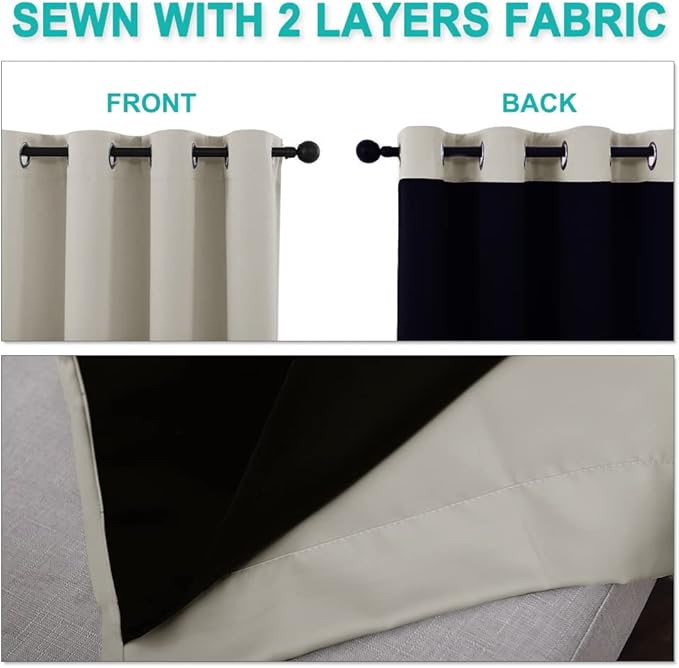 NICETOWN 100% Blackout Window Curtain Panels, Full Light Blocking Drapes with Black Liner for Nursery, 72-inch Drop Thermal Insulated Draperies (Natural, 2 Pieces, 46-inch Wide Per Panel)
