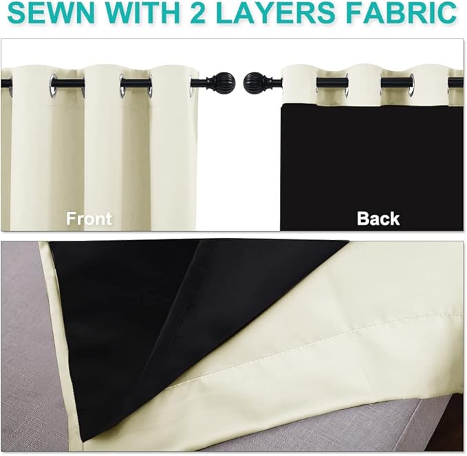 NICETOWN Living Room Completely Shaded Draperies, Privacy Protection & Noise Reducing Ring Top Drapes, Black Lined Insulated Window Treatment Curtain Panels (Beige, 2 Pieces, W52 x L102)