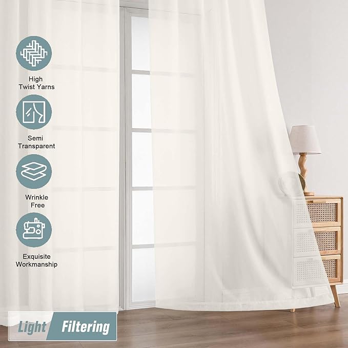 Ivory Sheer Curtains for Windows 108 inches Long 2 Panels Set, Soft Lightweight Light Filtering Drapes for Living Room Bedroom, Dual Rod Pocket Sheer Curtains, 2x42Wx108L inches
