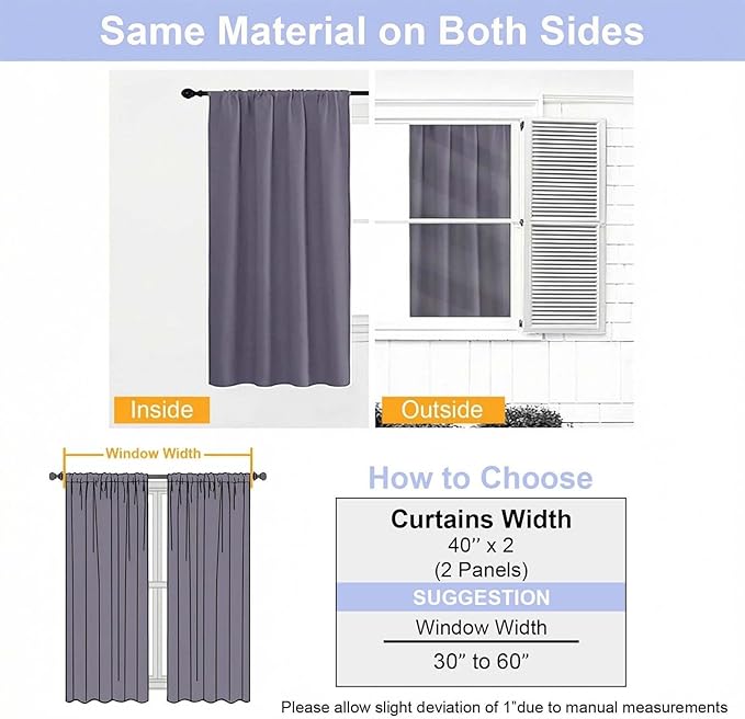 Simplebrand Ava Greyish Purple Short Blackout Curtains for Bedroom 45 Inches Long 2 Panels Set, Solid Thermal Insulated, Energy Saving Window Treatment Curtains Blackout Drapes, W40 x L45 Inch