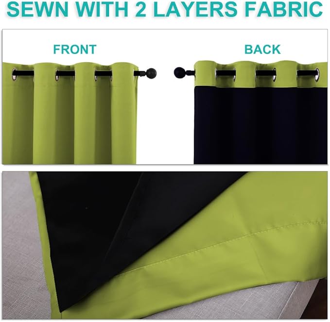 NICETOWN 100% Blackout Short Curtains with Black Liners, 2 Panels, 37" W by 63" L, Fresh Green, Solid Thermal Insulated Full Blackout 2-Layer Lined Drapes, Energy Efficiency Window Drapes for Bedroom