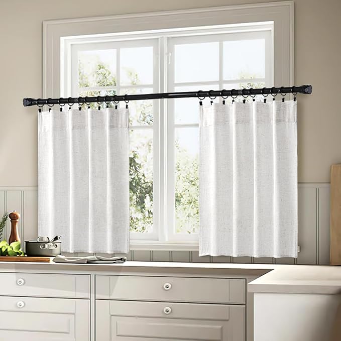 MIULEE White Curtains 24 Inch Length 2 Panels, Soft Thick Linen Textured Semi Sheer Light Filtering Kitchen Window Curtains Over Sink Small Tier Curtains for Bathroom Window Back Tab Rod Pocket