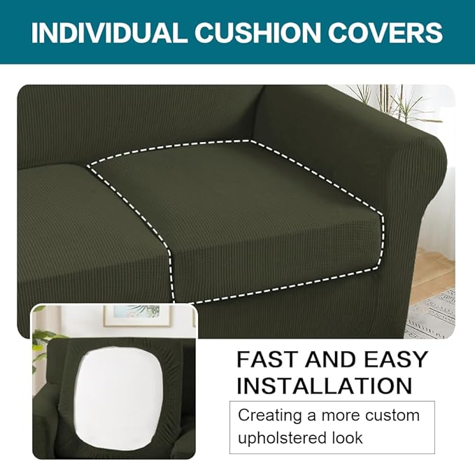 Turquoize 4 Piece Sofa Covers for 3 Cushion Couch Sofa Slipcover Soft Couch Cover for Dogs-Washable Sofa Furniture Cover with 3 Individual Cushion Covers (3 Cushion Sofa, Olive)