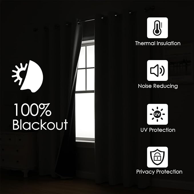 ChrisDowa 100% Blackout Curtains 108 inch Long for Bedroom with Black Liner, 2 Thick Layers Total Blackout Thermal Insulated Grommet Window Curtains 2 Panels Set (Stone Blue, 52 x 108 Inch)