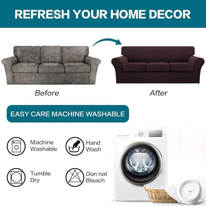 Turquoize 4 Piece Sofa Covers For 3 Cushion Couch Sofa Slipcover Soft Couch Cover For Dogs-Washable Sofa Furniture Covers With 3 Individual Cushion Covers Thick Jacquard Fabric (3 Cushion Sofa, Brown)