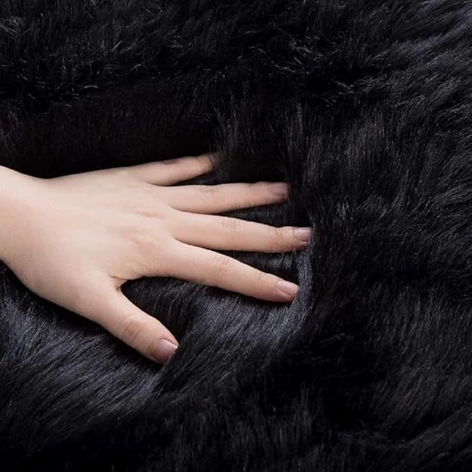 ORINOVA Washable Faux Fluffy Fur Round Area 6.6ft Rugs for Living Room Black Large Furry Rug for Bedroom Boho Circle Nursery Rug Teen Room Décor