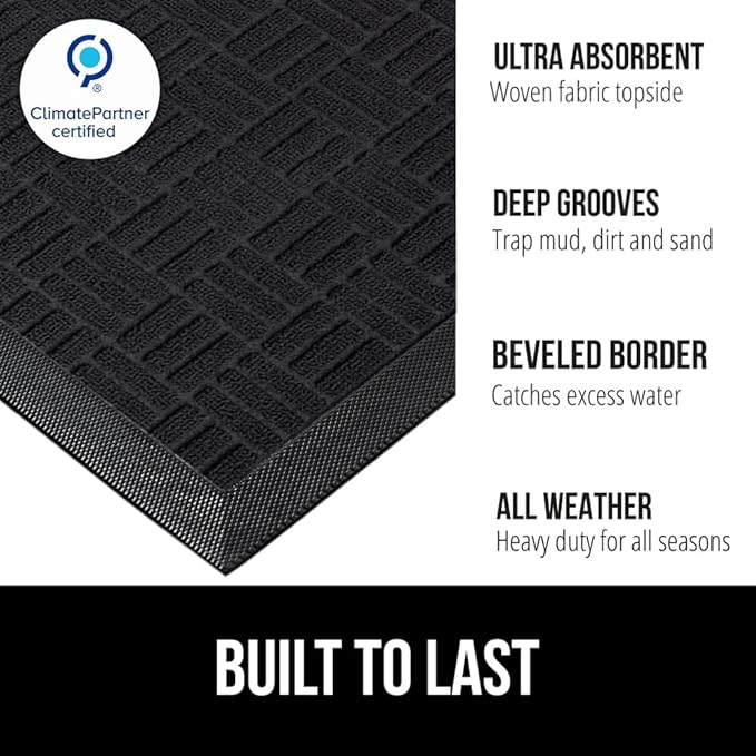 GORILLA GRIP 100% Waterproof All-Season WeatherMAX Doormat US Designed Natural Rubber, Stain and Fade Resistant, Low Profile Indoor Outdoor Door Mats, Easy Clean Patio Mat, 29x17, Black Maze