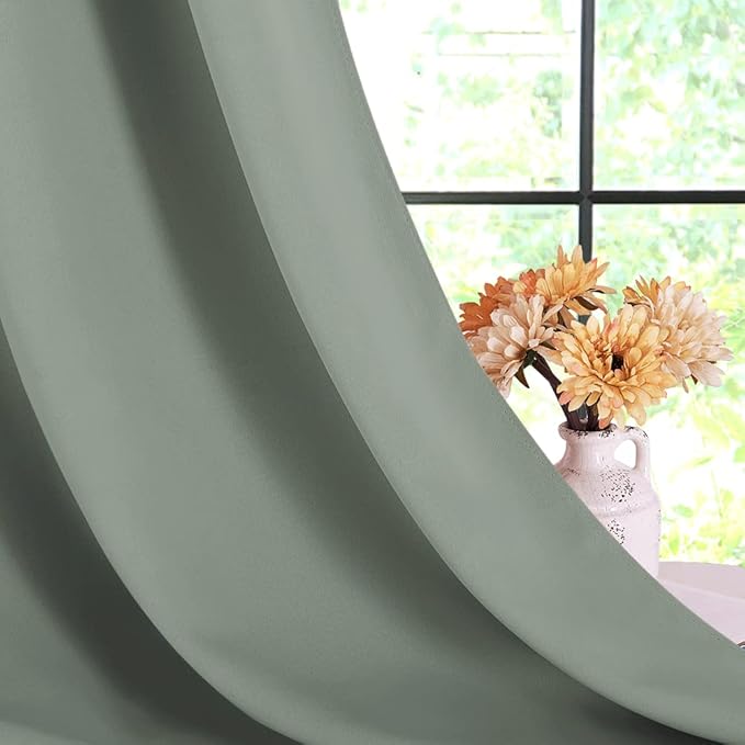 NICETOWN Thermal Insulated Greyish Green Blackout Curtains for Bedroom, Window Treatment Solid Grommet Room Darkening Drape Panels for Bedroom (Set of 2, 70 by 63 inches Long)