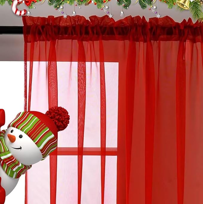 SpaceDresser Sheer Voile Window Treatment Rod Pocket Curtain Panels for Kitchen Bedroom Living Room Drapes Sunlight Filtering Privacy Semi Home Decor Assorted (Red, 52 W x 90 L)