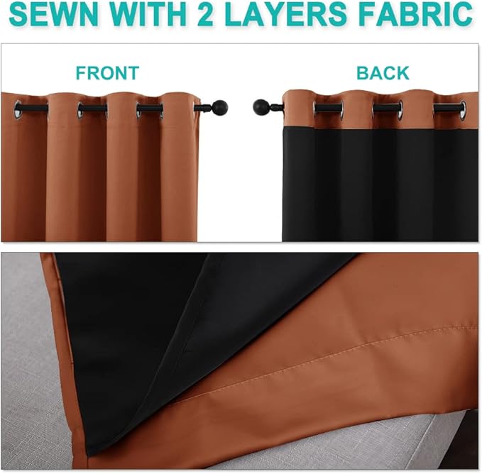 NICETOWN Burnt Orange Blackout Curtains 84 inches Long, Full Light Blocking Drapes with Black Liner for Nursery, Thermal Insulated Draperies for Hall, Villa (2 Pieces, 42" Wide Each Panel)