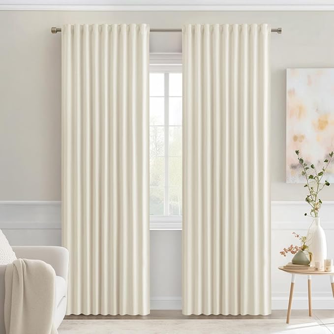 MIULEE Beige White Back Tab Blackout Curtains 90 Inches Long 2 Panels Set for Living Room Bedroom Privacy, Rod Pocket/Pinch Pleat Thermal Insulated Room Darkening Pleated Light Blocking Drapes