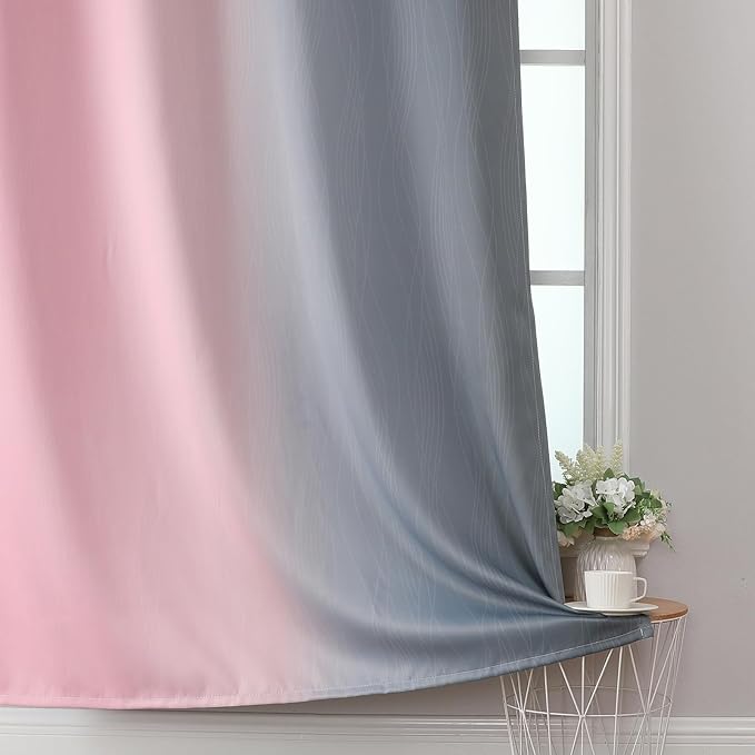 Estelar Textiler Ombre Grey and Pink Blackout Curtains 72 Inch Length 2 Panels, Full Room Darkening Blackout Curtains for Bedroom, Grommet Thermal Insulated Gradient Drapes for Kids Room, 52x72 Inch