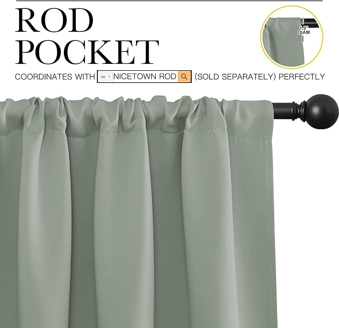 NICETOWN 2 Panels Blackout Curtains, Rod Pocket Thermal Insulated Drapess for Bedroom, Privacy Protection Easy-Care Heavy Duty Curtains for Living Room/Dining Room, W70 x L95 inches, Greyish Green