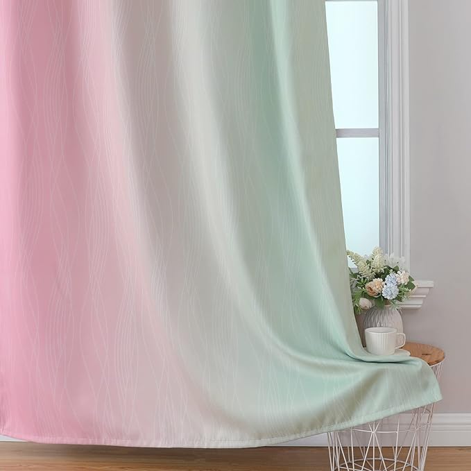 Estelar Textiler Ombre Sage Green and Pink Blackout Curtains for Living Room, Thermal Insulated Full Room Darkening Grommet Gradient Blackout Drapes for Bedroom, 52Wx72L, One Pair