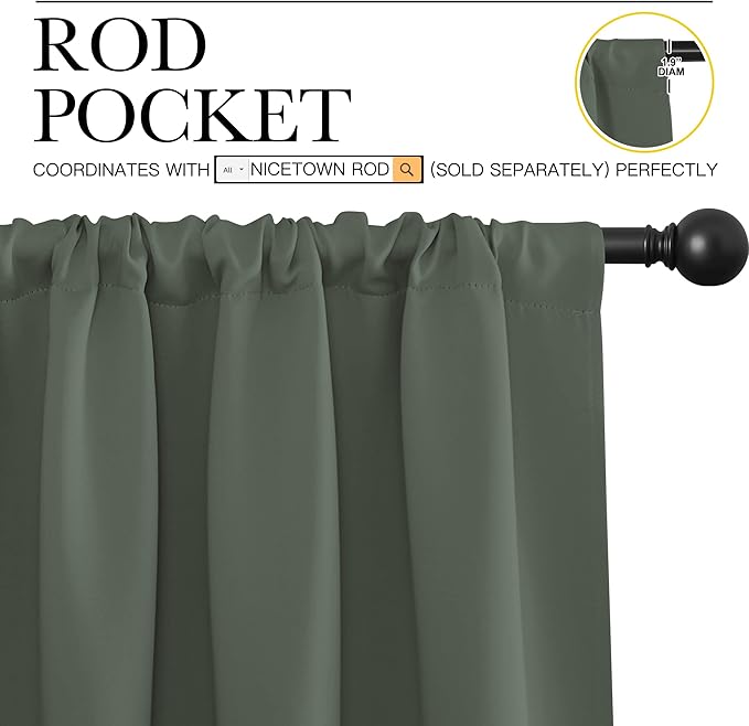 NICETOWN Bedroom Curtains Blackout Draperies - All Season Thermal Insulated Solid Rod Pocket Top Blackout Curtains/Drapes for Kid's Room (Dark Mallard, 1 Pair, 42 x 72 Inch)