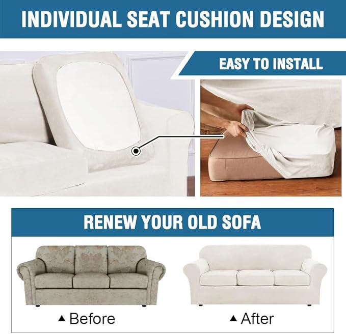 H.VERSAILTEX High Stretch Sofa Slipcover 4 Piece Cover Velvet Furniture Protector Form Fit Thick Velvet Extra Large Sofa Cover for 3 Cushion Couch Width Up to 97 Inch (Large Sofa, Porcelain White)