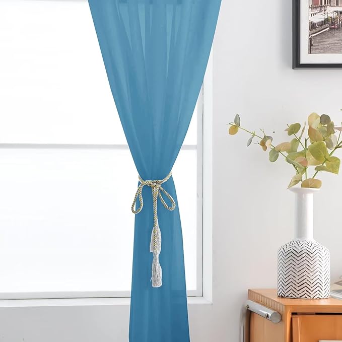 SpaceDresser Basic Rod Pocket Sheer Voile Window Curtain Panels Blue 1 Pair 2 Panels 52 Width 96 Inch Long for Kitchen Bedroom Children Living Room Yard（Blue, 52W x 96L）