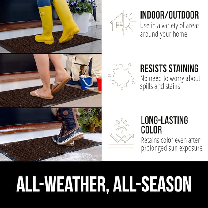 GORILLA GRIP 100% Waterproof All-Season WeatherMAX Doormat, 34x58, US Designed Natural Rubber, Stain and Fade Resistant, Low Profile Indoor Outdoor Door Mats, Easy Clean Patio Mat, Coffee Squares