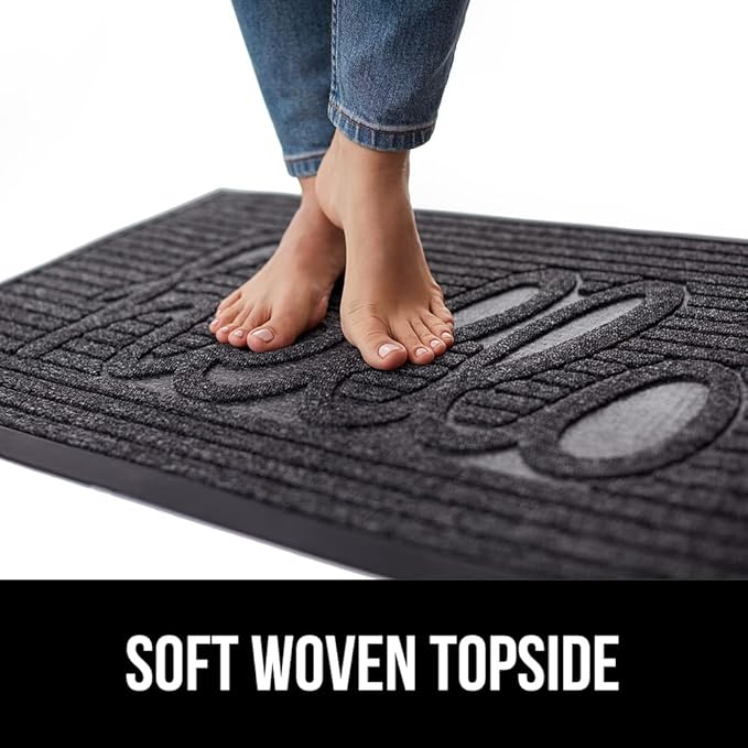 GORILLA GRIP 100% Waterproof All-Season WeatherMAX Doormat, US Designed Natural Rubber, Stain and Fade Resistant, Low Profile Indoor Outdoor Door Mats, Easy Clean Patio Mat, 29x17, Charcoal Hello