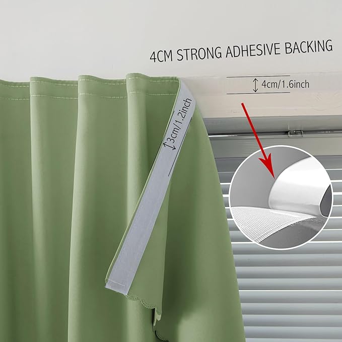 Magic Tape Blackout Curtains for Bedroom No Drillng Self Adhesive Curtains No Rod Small Window, 59" W X 96" L, Sage Green, 1 Panel
