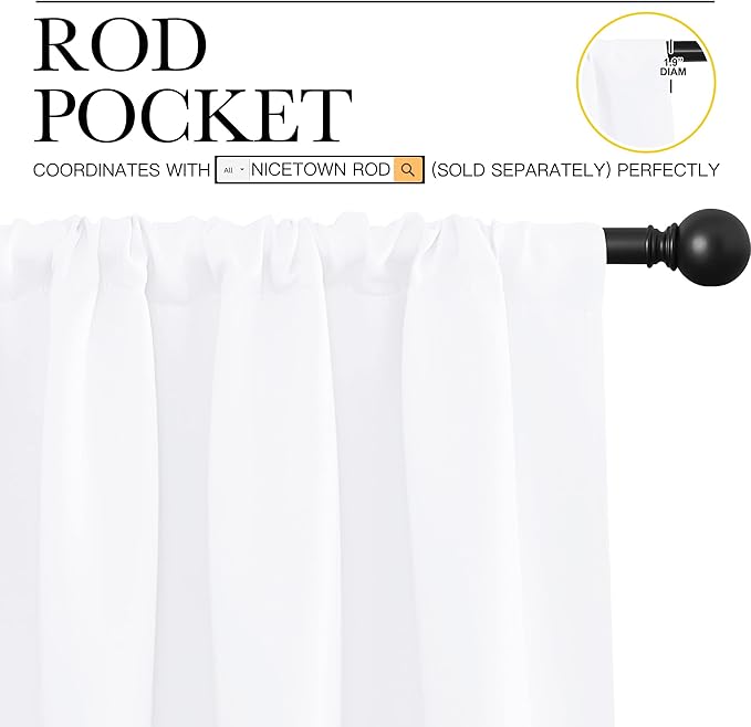 NICETOWN 50% Light Blocking Kitchen Curtains - Window Treatment Rod Pocket Curtains/Drapes for Bedroom (2 Panels, 42 by 72, White)