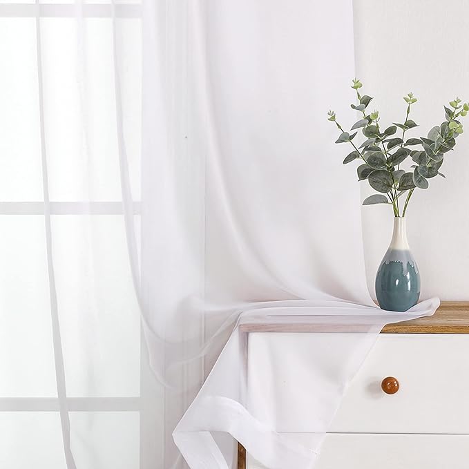 OWENIE Sheer Curtains, White Sheer Curtains 50 Inch Length 2 Panels Set, Rod Pocket Voile Fimly Sheer Drapes for Living Room Bedroom, 2pcs, White, Each 42" W x 50" L