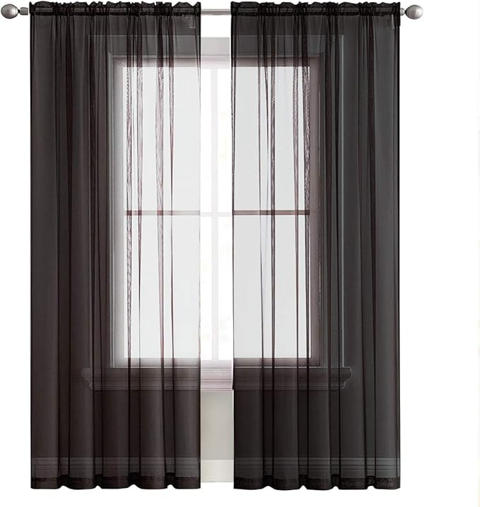 SpaceDresser Basic Rod Pocket Sheer Voile Window Curtain Panels White 1 Pair 2 Panels 60 Width 96 Inch Long for Kitchen Bedroom Children Living Room Yard(Black,60 W x 96 L)