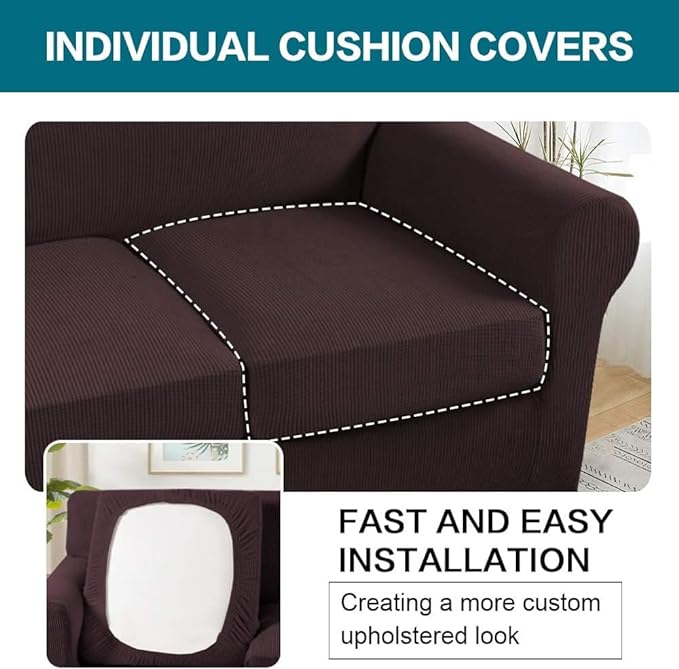 Turquoize 4 Piece Sofa Covers for 3 Cushion Couch Sofa Slipcover Soft Couch Cover for Dogs-Washable Sofa Furniture Covers with 3 Individual Large Cushion Covers Jacquard Fabric (XL Sofa, Brown)