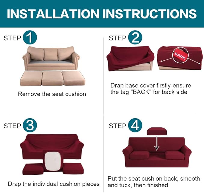 Turquoize 4 Piece Sofa Covers For 3 Cushion Couch Sofa Slipcover Soft Couch Cover For Dogs-Washable Sofa Furniture Covers With 3 Individual Large Cushion Covers Feature Thick Fabric(XL Sofa, Burgundy)