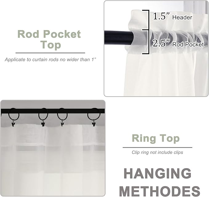 OWENIE Short Sheer Curtains 36 Inches 2 Panels Set - Kitchen Tiers Valances Curtains Light Filter Rod Pocket Voile Cafe Curtains for Kitchen Bathroom Small Half Window, 42 in W x 36 in L, Ivory
