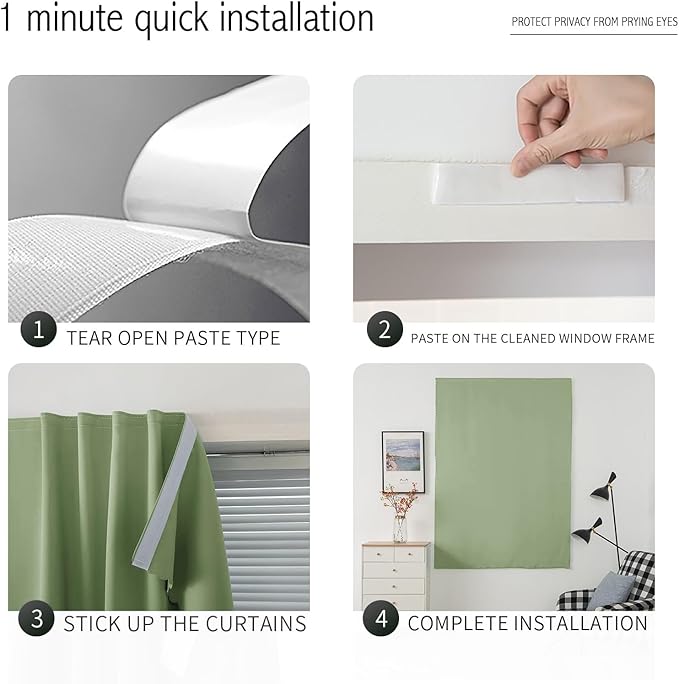 Magic Tape Blackout Curtains for Bedroom No Drillng Self Adhesive Curtains No Rod Small Window, 59" W X 71" L, Sage Green, 1 Panel