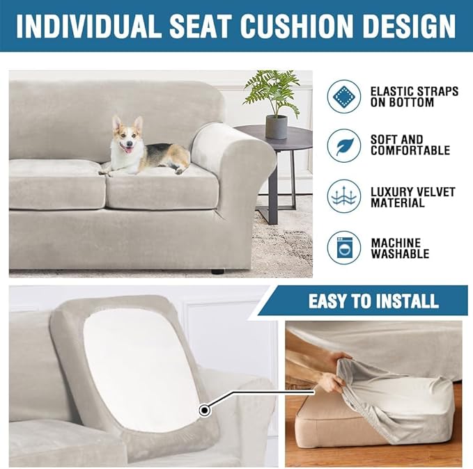 H.VERSAILTEX High Stretch Sofa Slipcover 4 Piece Cover Velvet Furniture Protector Form Fit Thick Velvet Extra Large Sofa Cover for 3 Cushion Couch Width Up to 97 Inch (Large Sofa, Oatmeal)
