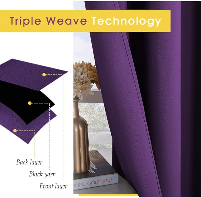 NICETOWN Royal Purple Blackout Curtain Panels 48 inch Long Set of 2 for Bedroom, Thermal Insulated Grommet Top Light Blocking Draperies and Drapes for Basement (W34)