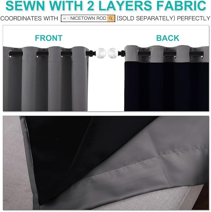NICETOWN 100% Blackout Curtains with Black Liners, Thermal Insulated Full Blackout 2-Layer Lined Drapes, Energy Efficiency Window Draperies for Bedroom (Grey, 2 Panels, 70-inch W by 63-inch L)