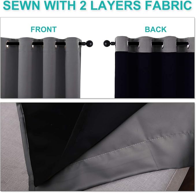 NICETOWN 100% Blackout Curtains with Black Liners, Thermal Insulated Full Blackout 2-Layer Lined Drapes, Energy Efficiency Window Draperies for Bedroom (Grey, 2 Panels, 55-inch W by 68-inch L)