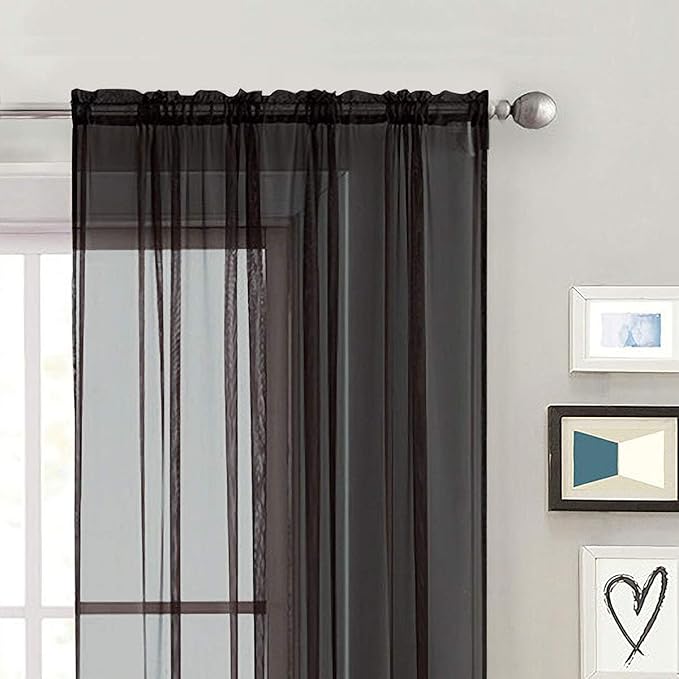 SpaceDresser Basic Rod Pocket Sheer Voile Window Curtain Panels White 1 Pair 2 Panels 60 Width 72 Inch Long for Kitchen Bedroom Children Living Room Yard(Black,60 W x 72 L)