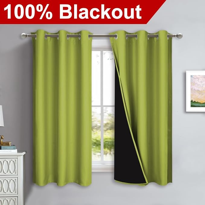 NICETOWN 100% Blackout Short Curtains with Black Liners, 2 Panels, 37" W by 60" L, Fresh Green, Solid Thermal Insulated Full Blackout 2-Layer Lined Drapes, Energy Efficiency Window Drapes for Bedroom