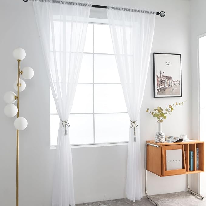 SpaceDresser Sheer Voile Window Treatment Rod Pocket Curtain Panels for Kitchen Bedroom Living Room Drapes Sunlight Filtering Privacy Semi Home Decor Assorted (White, 52 W x 128 L)