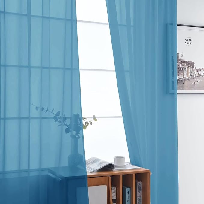 SpaceDresser Basic Rod Pocket Sheer Voile Window Curtain Panels Blue 1 Pair 2 Panels 52 Width 84 Inch Long for Kitchen Bedroom Children Living Room Yard（Blue, 52W x 84L）