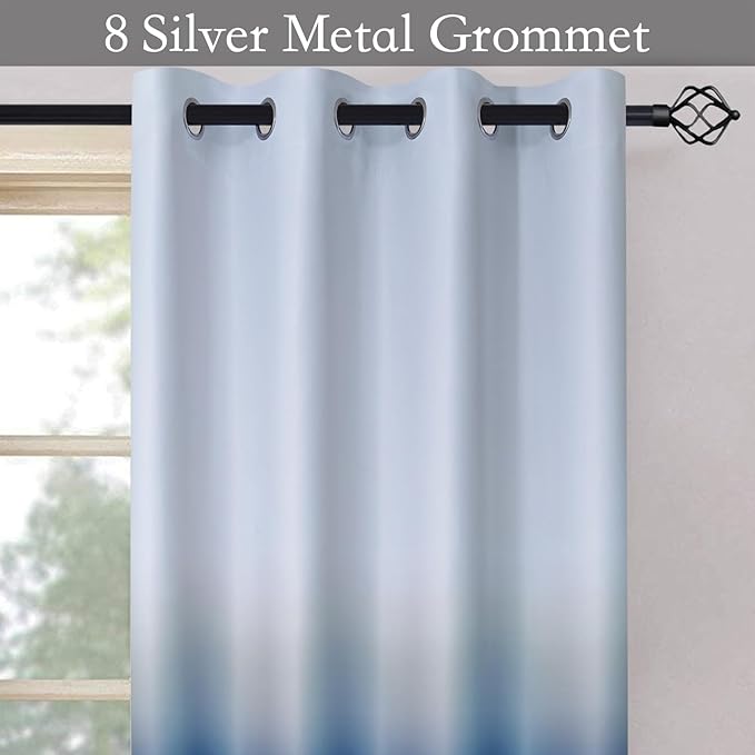 SimpleHome Ombre Room Darkening Curtains for Boys Bedroom, Gradient Grey White to Blue Light Blocking Thermal Insulated Grommet Window Curtain for Living Room,1 Panel, 52x84 inches